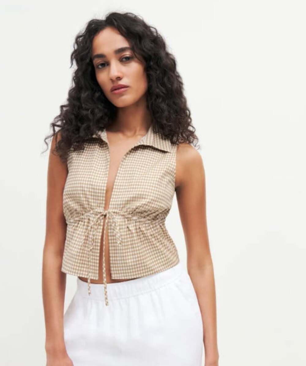 Reformation Emerson Top in Brown & White Gingham Size 4 Tie Front Sleeveless